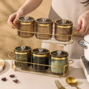 kit de potes para temperos âmbar com aro dourado e suporte dourado – Casa Splendida
