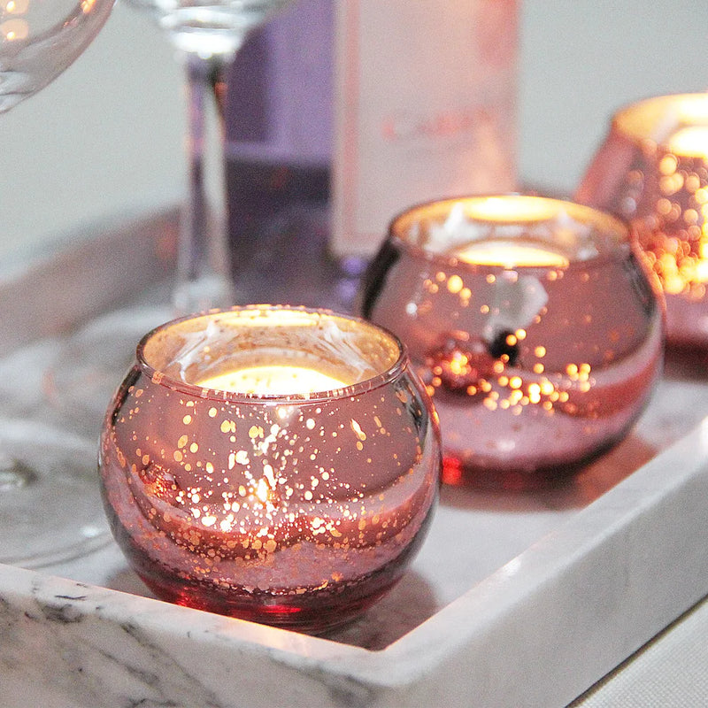 Kit 12 porta-velas de vidro Mercury rosa com acabamento metálico pontilhado