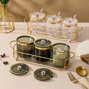 kit de potes para temperos âmbar com aro dourado e suporte dourado – Casa Splendida
