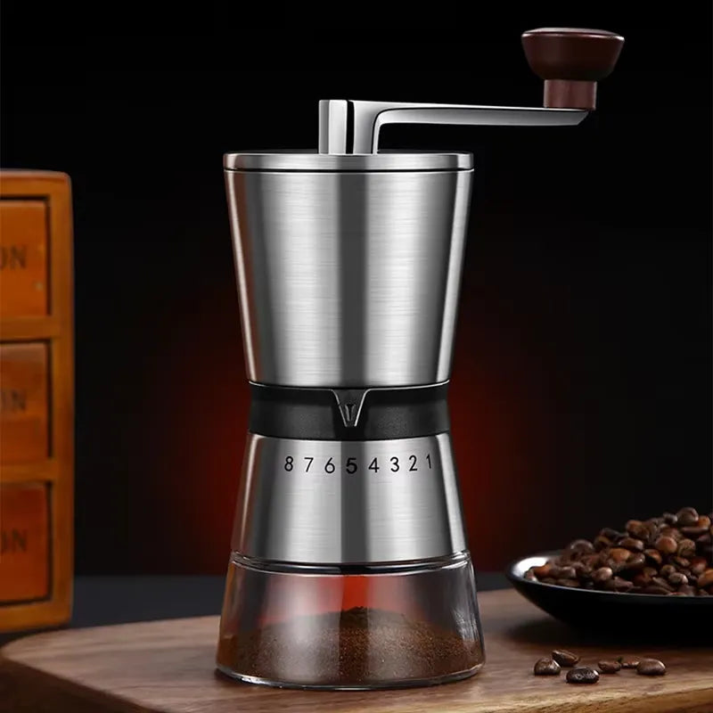 Moedor manual de café inox com alça de madeira e 8 níveis de moagem ajustável