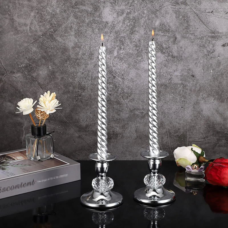 Kit 2 castiçais prateados com detalhe em cristal lapidado para velas finas