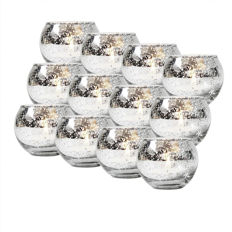 Kit 12 porta-velas de vidro prata com acabamento metálico pontilhado