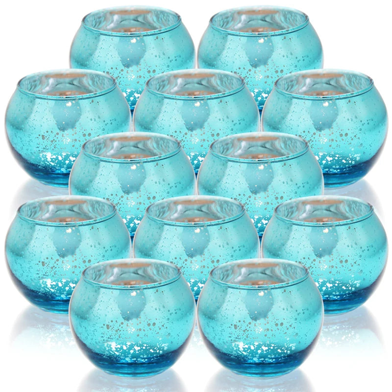Kit 12 porta-velas de vidro azul com acabamento metálico pontilhado