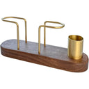 Porta-guardanapos rústico moderno de madeira escura e metal dourado para mesa posta