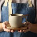 Caneca vintage cerâmica 220ml com pires de bambu minimalista