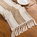 Caminho de mesa boho macramê creme e marrom com franjas, em algodão e poliéster, decoração para mesa de jantar

