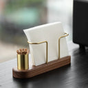 Porta-guardanapos rústico moderno de madeira e metal dourado para mesa posta