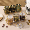 kit de potes para temperos âmbar com aro dourado e suporte dourado – Casa Splendida
