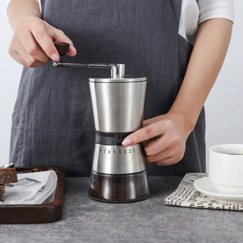 Moedor manual de café inox com alça de madeira e 8 níveis de moagem ajustável