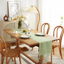Caminho de mesa verde boho com franjas de algodão e linho, estilo rústico farmhouse, decoração para mesa de jantar