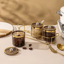 kit de potes para temperos âmbar com aro dourado e suporte dourado – Casa Splendida
