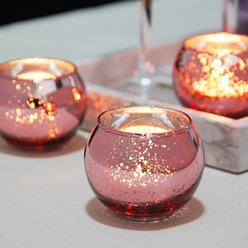 Kit 12 porta-velas de vidro Mercury rosa com acabamento metálico pontilhado