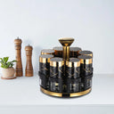 rack de temperos preto marmorizado com detalhes dourados e oito frascos